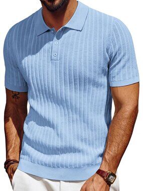 Men's Light Blue Knit Short Sleeve Textured Imported Polo T Shirt Casual